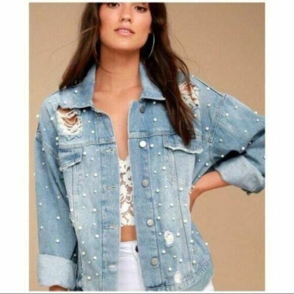 Free People Sunday Funday Pearl  Denim Jacket sz S - Picture 4 of 14